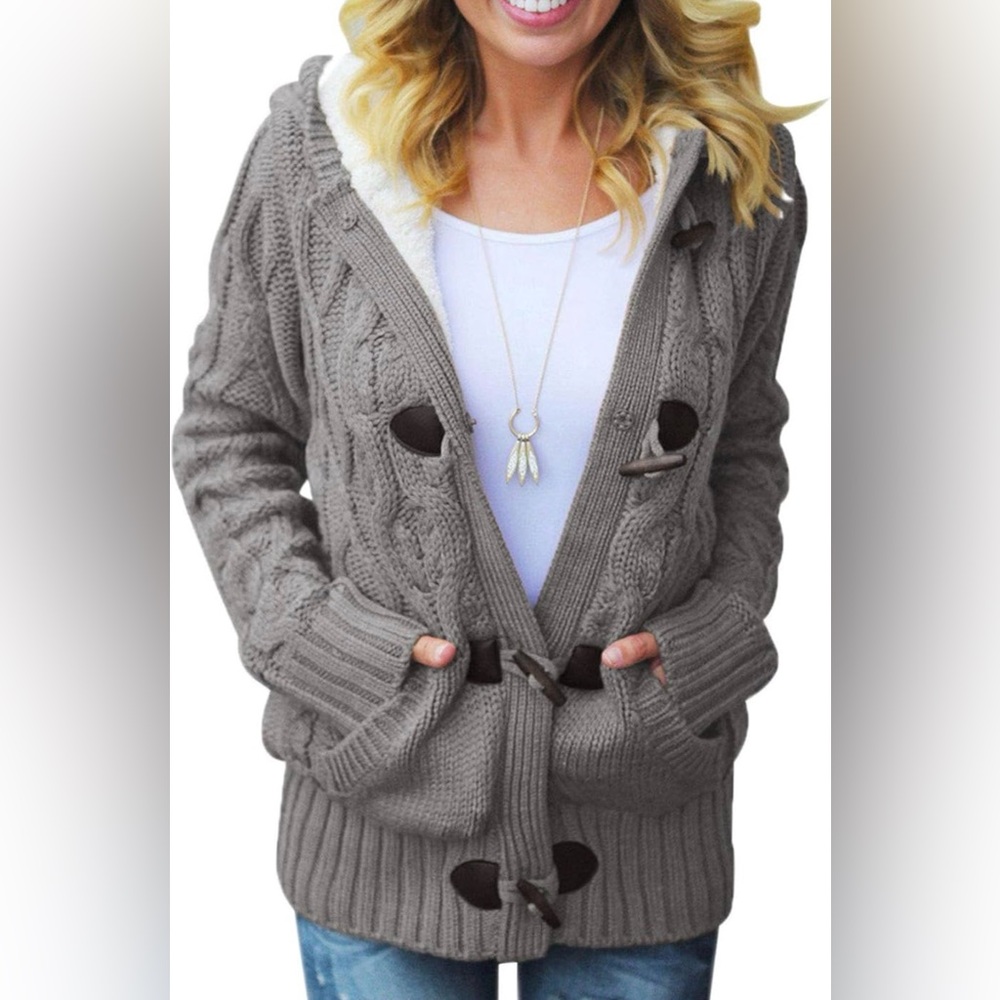 Oversized Gray Fleece Lined Cable Knit Sweater Jacket XL - Like New